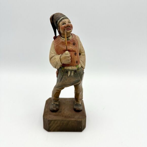 VTG Folk Art Hand Carved Wood Figurine 7.5" Man Smoking Pipe Cap EJB Switzerland - Picture 1 of 9